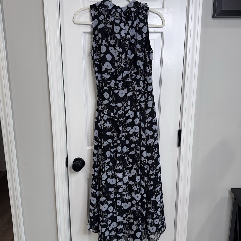 Bar III Floral Ruffle Maxi Dress Womens Size 6 Black White Sleeveless Belted - Picture 5 of 7